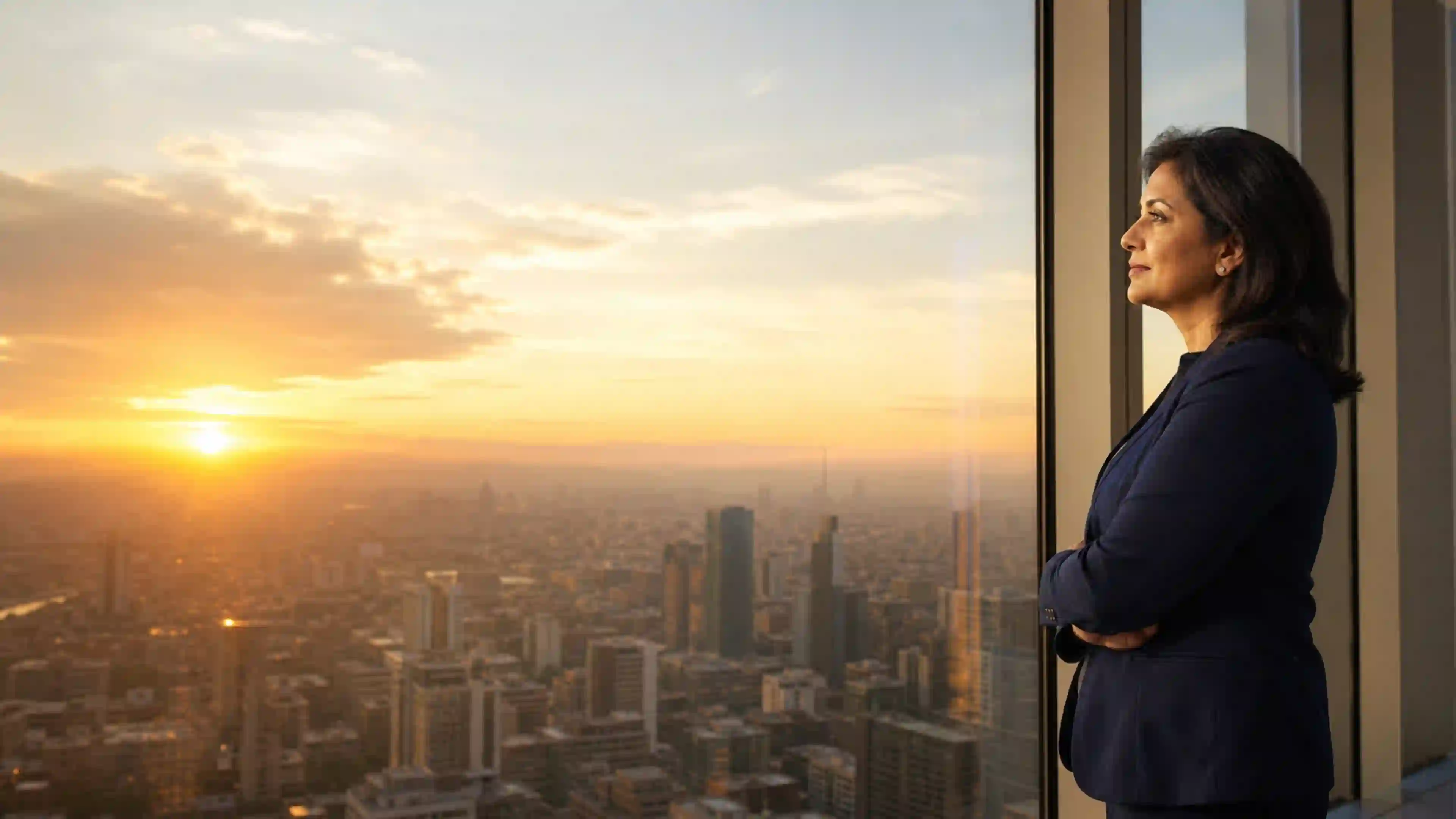 Indian business leader looking toward a growing city horizon
